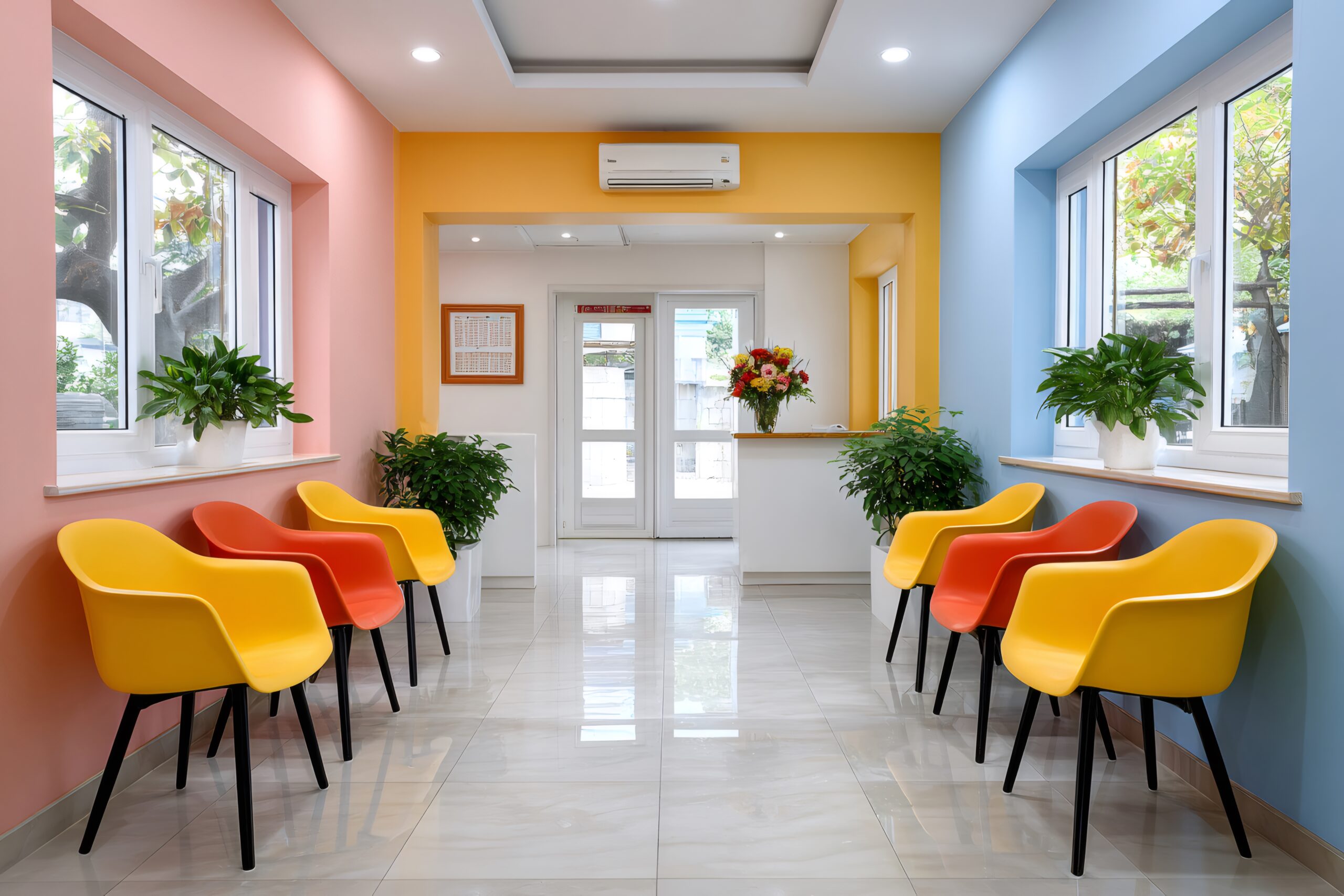 Colorful chairs lining a bright, clean waiting room with a reception desk and windows